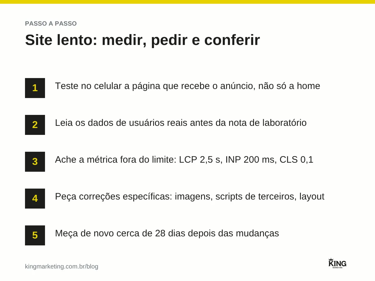 Passo a passo em 5 etapas para medir e corrigir um site lento: testar a página certa no celular, ler os dados de usuários reais, identificar a métrica fora do limite, pedir correções específicas e medir de novo depois de 28 dias