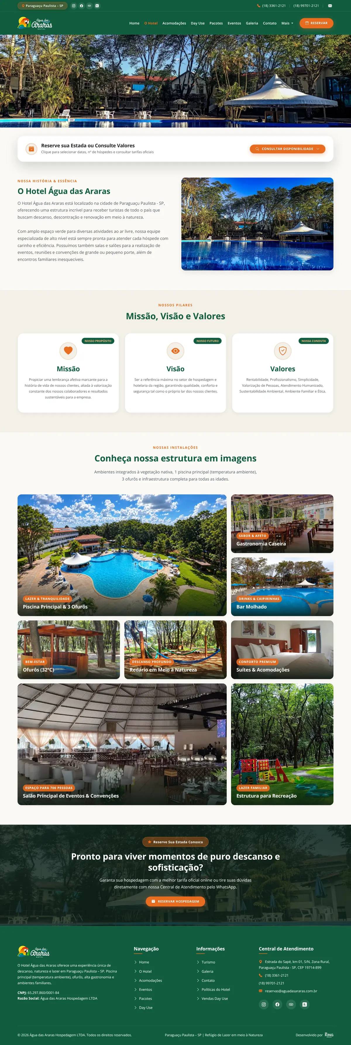 Full page of the Hotel Água das Araras website