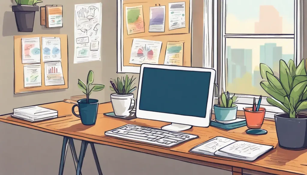 Escritório de pequena empresa com laptop exibindo diagrama de estratégia de marketing, xícara de café e planta em vaso.