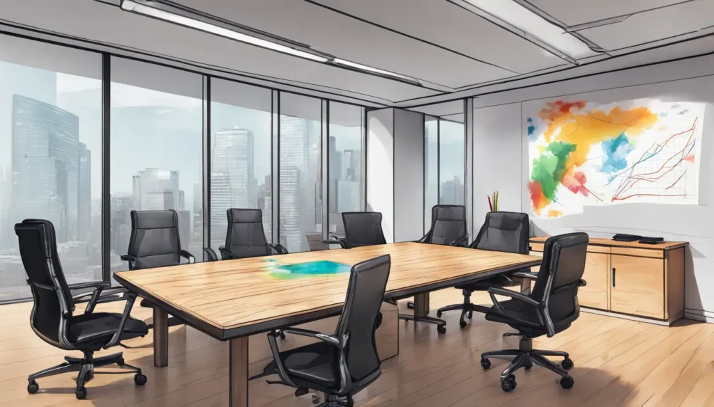 Mesa de conferência com cadeiras de couro e quadro branco com gráficos coloridos em um escritório moderno.